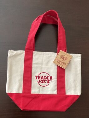 Trader Joe’s Mini Canvas Tote Bag Red & Natural Cotton New With Tags